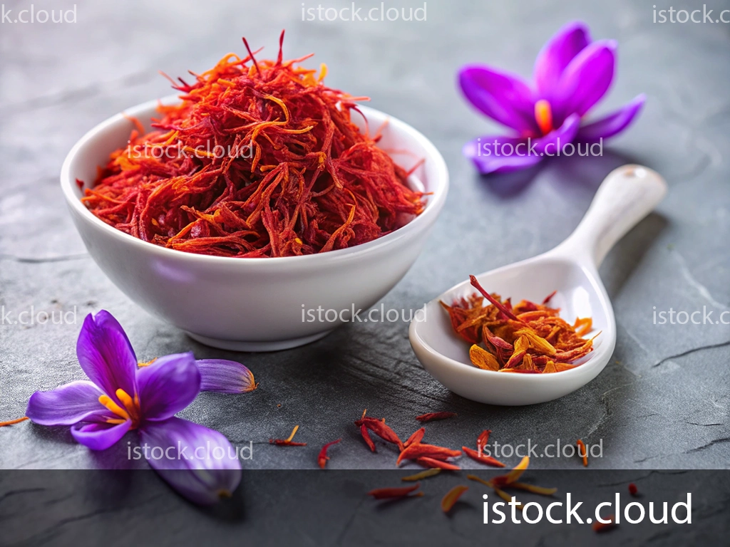 A bowl filled with vibrant red saffron threads sits on a textured gray surface, accompanied by a small spoon holding more saffron and a couple of purple saffron flowers nearby.