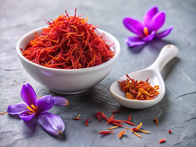 A bowl filled with vibrant red saffron threads sits on a textured gray surface, accompanied by a small spoon holding more saffron and a couple of purple saffron flowers nearby.