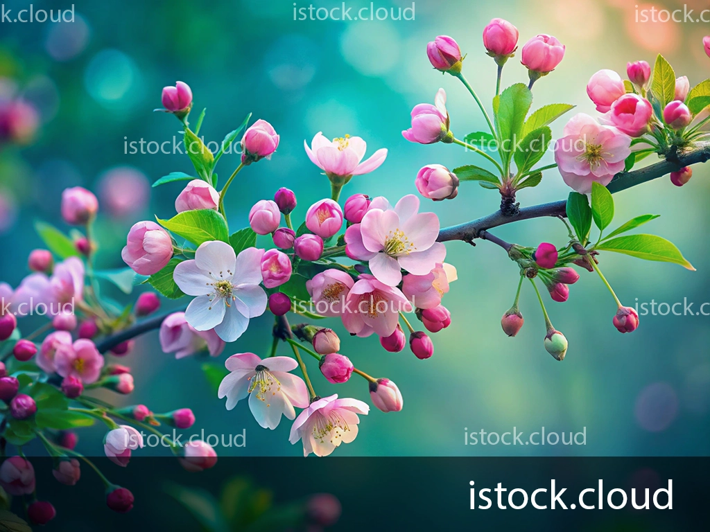 A close-up view of a cherry blossom branch showcasing delicate pink and white flowers along with clusters of unopened buds against a soft blue-green background.