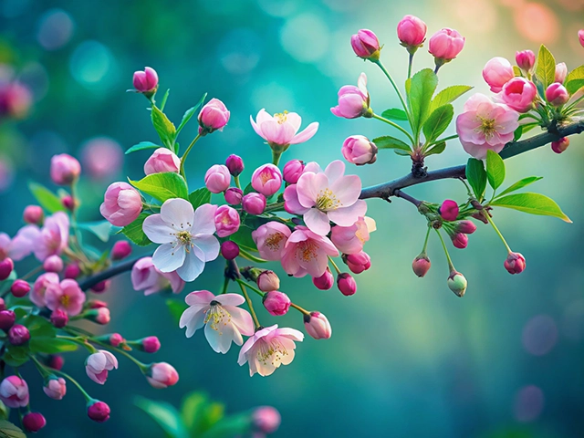 A close-up view of a cherry blossom branch showcasing delicate pink and white flowers along with clusters of unopened buds against a soft blue-green background.