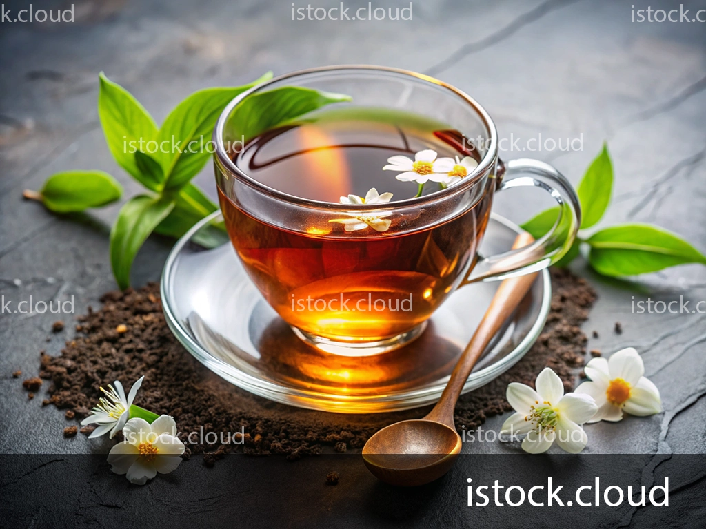 A glass cup of herbal tea adorned with small white flowers, accompanied by fresh green leaves and a wooden spoon, placed on a textured dark stone surface.
