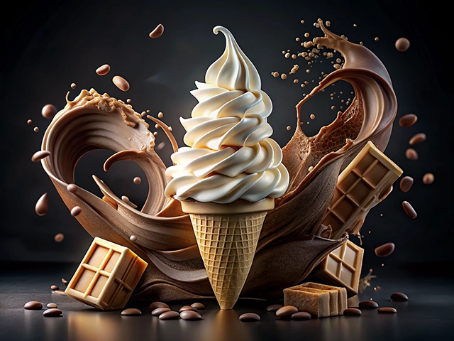 A beautifully styled ice cream cone with a soft-serve swirl, surrounded by flowing chocolate, splashes, and pieces of chocolate bars on a dark background.