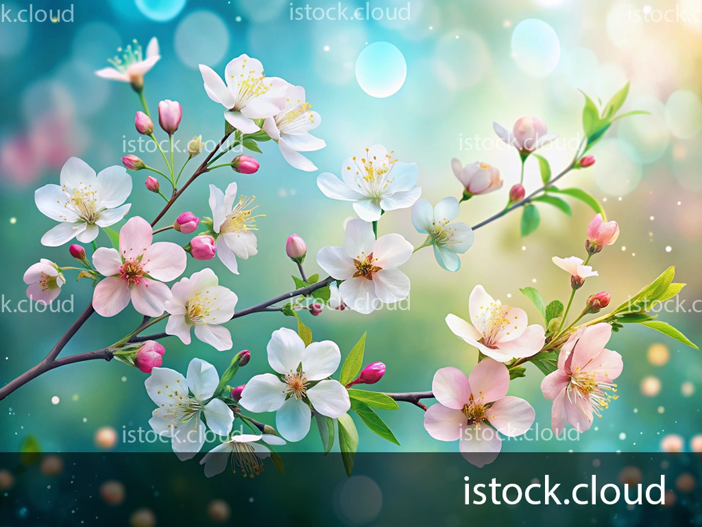 A beautiful branch of cherry blossoms featuring pink and white flowers with green leaves, set against a soft, blurred background of blue and shimmering light.