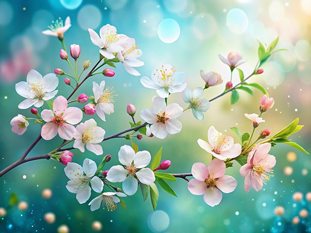 A beautiful branch of cherry blossoms featuring pink and white flowers with green leaves, set against a soft, blurred background of blue and shimmering light.