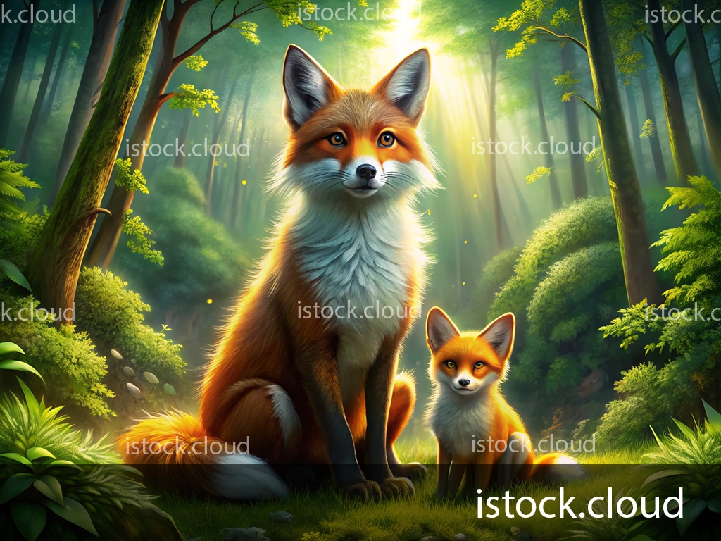 A realistic illustration of a parent fox and its cub sitting together in a sunlit forest. The background features lush greenery, tall trees, and soft golden light filtering through the leaves.