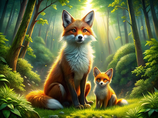 A realistic illustration of a parent fox and its cub sitting together in a sunlit forest. The background features lush greenery, tall trees, and soft golden light filtering through the leaves.