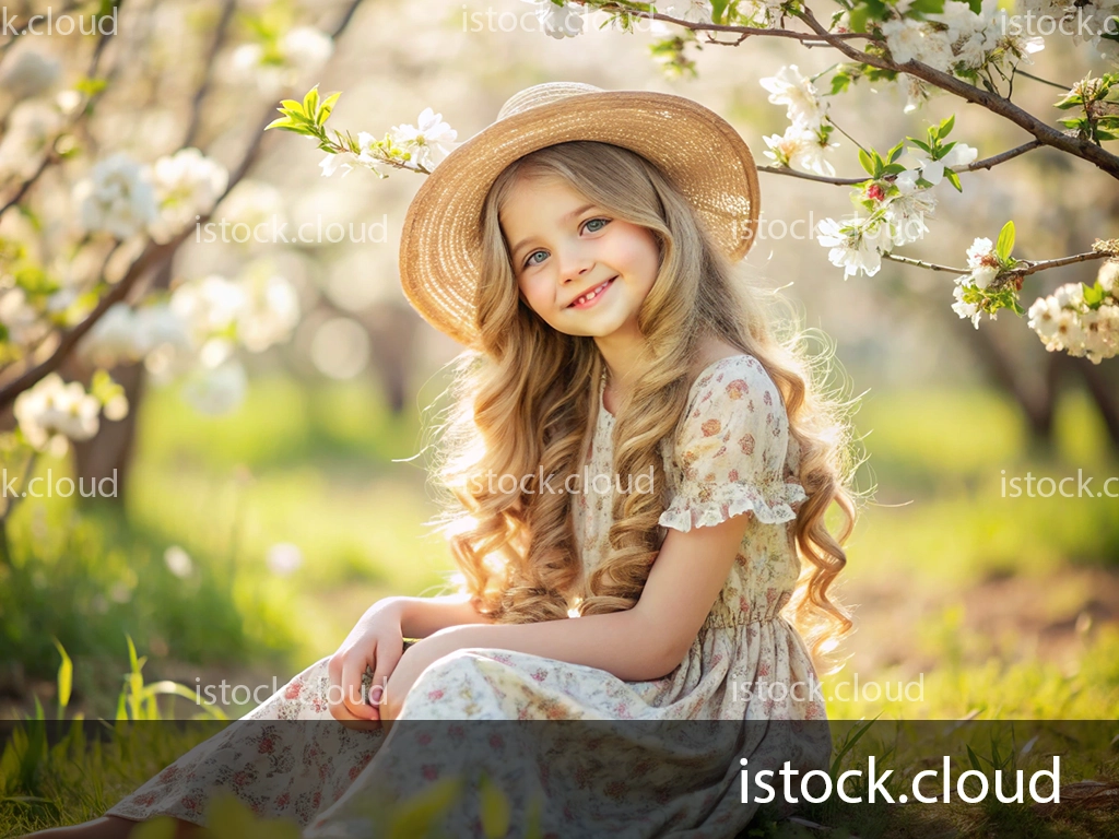 A young girl with long, wavy hair and a straw hat sits in a blossoming orchard, wearing a floral dress, smiling amidst the blooming flowers.