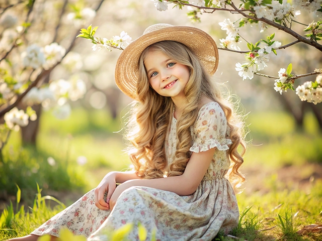 A young girl with long, wavy hair and a straw hat sits in a blossoming orchard, wearing a floral dress, smiling amidst the blooming flowers.