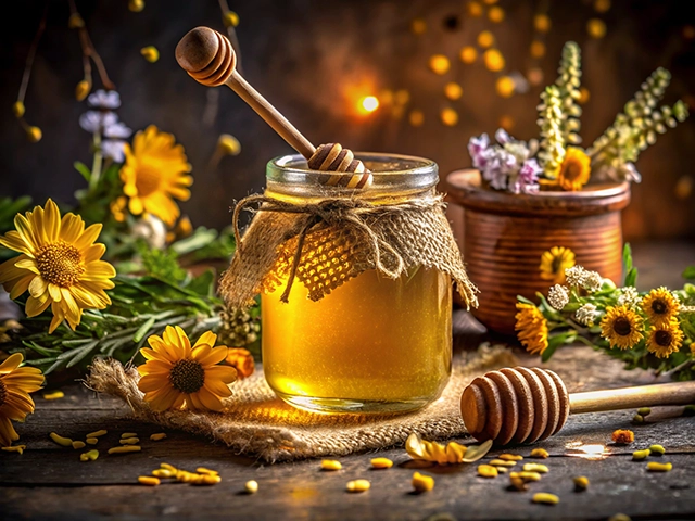 A glass jar of honey adorned with a burlap tie and honey dipper, surrounded by bright yellow flowers and greenery on a rustic wooden surface.
