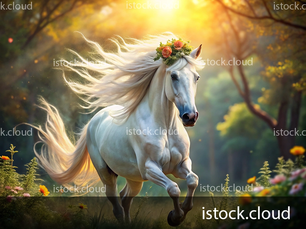 A stunning white horse with a flowing mane running through a lush forest, adorned with a floral crown. Sunlight filters through the trees, illuminating colorful flowers in the foreground and creating a magical atmosphere.