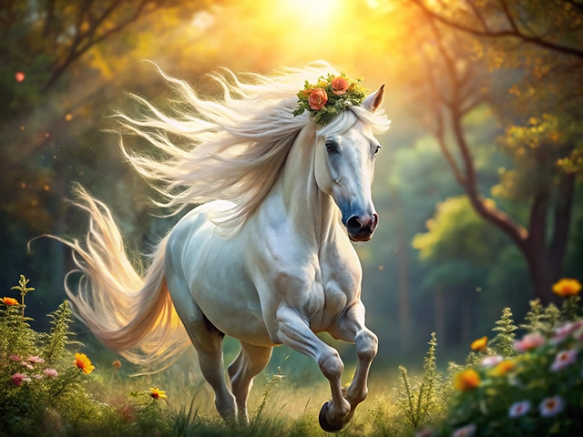 A stunning white horse with a flowing mane running through a lush forest, adorned with a floral crown. Sunlight filters through the trees, illuminating colorful flowers in the foreground and creating a magical atmosphere.