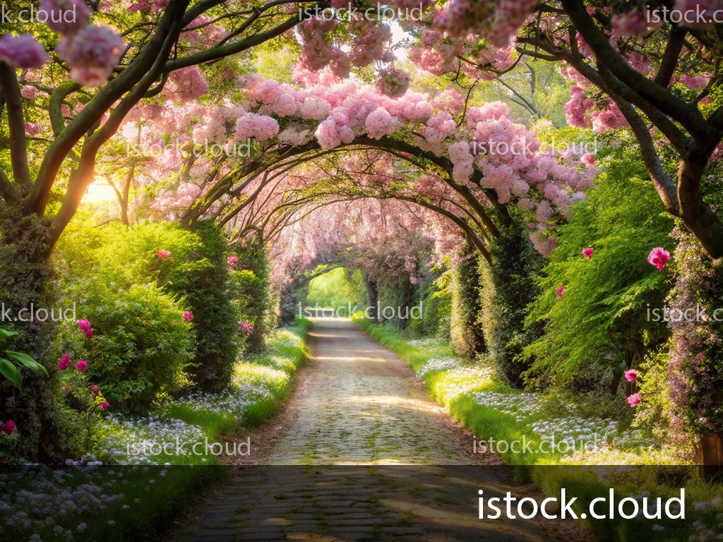 A picturesque pathway lined with lush greenery and vibrant pink blossoms overhead. The scene is illuminated by warm sunlight filtering through the flowers, creating a tranquil and enchanting atmosphere.