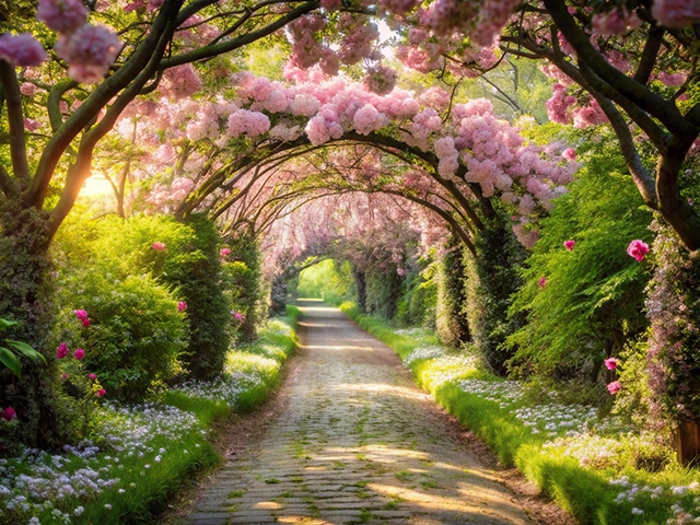 A picturesque pathway lined with lush greenery and vibrant pink blossoms overhead. The scene is illuminated by warm sunlight filtering through the flowers, creating a tranquil and enchanting atmosphere.