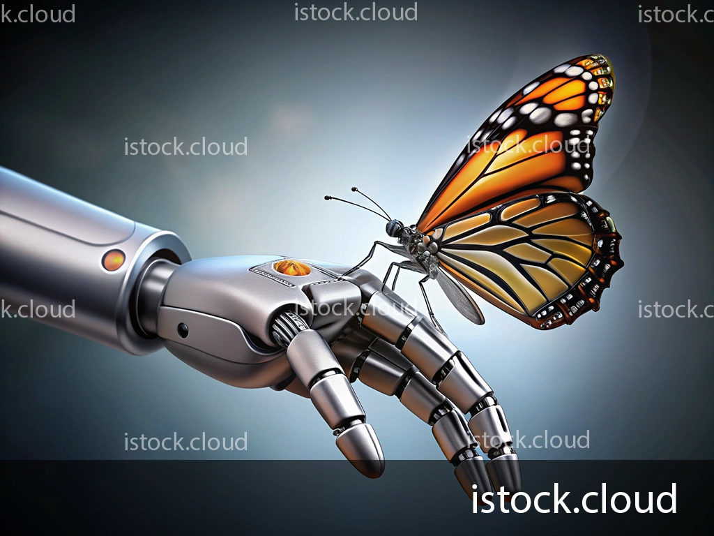 A metallic robotic hand gently holding a Monarch butterfly, symbolizing the fusion of technology and nature, with a soft gradient background.
