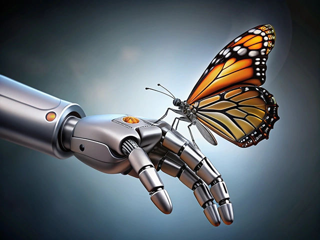 A metallic robotic hand gently holding a Monarch butterfly, symbolizing the fusion of technology and nature, with a soft gradient background.