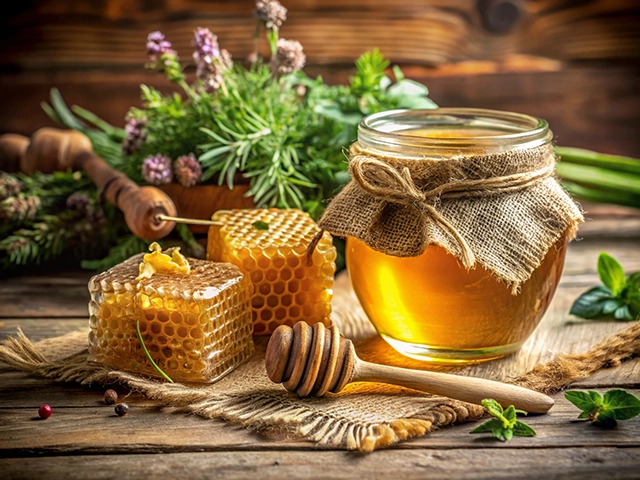 A beautiful arrangement featuring a jar of honey wrapped in burlap, honeycomb blocks, a wooden honey dipper, and fresh herbs on a wooden table.