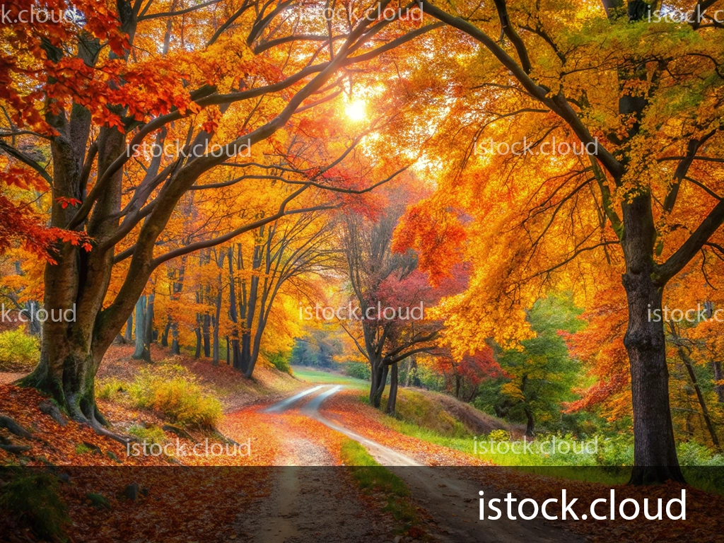 A serene forest path is surrounded by vibrant autumn trees displaying shades of orange, red, and yellow. Sunlight filters through the branches, illuminating the winding dirt road covered with fallen leaves.