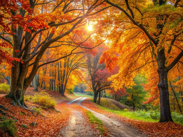 A serene forest path is surrounded by vibrant autumn trees displaying shades of orange, red, and yellow. Sunlight filters through the branches, illuminating the winding dirt road covered with fallen leaves.