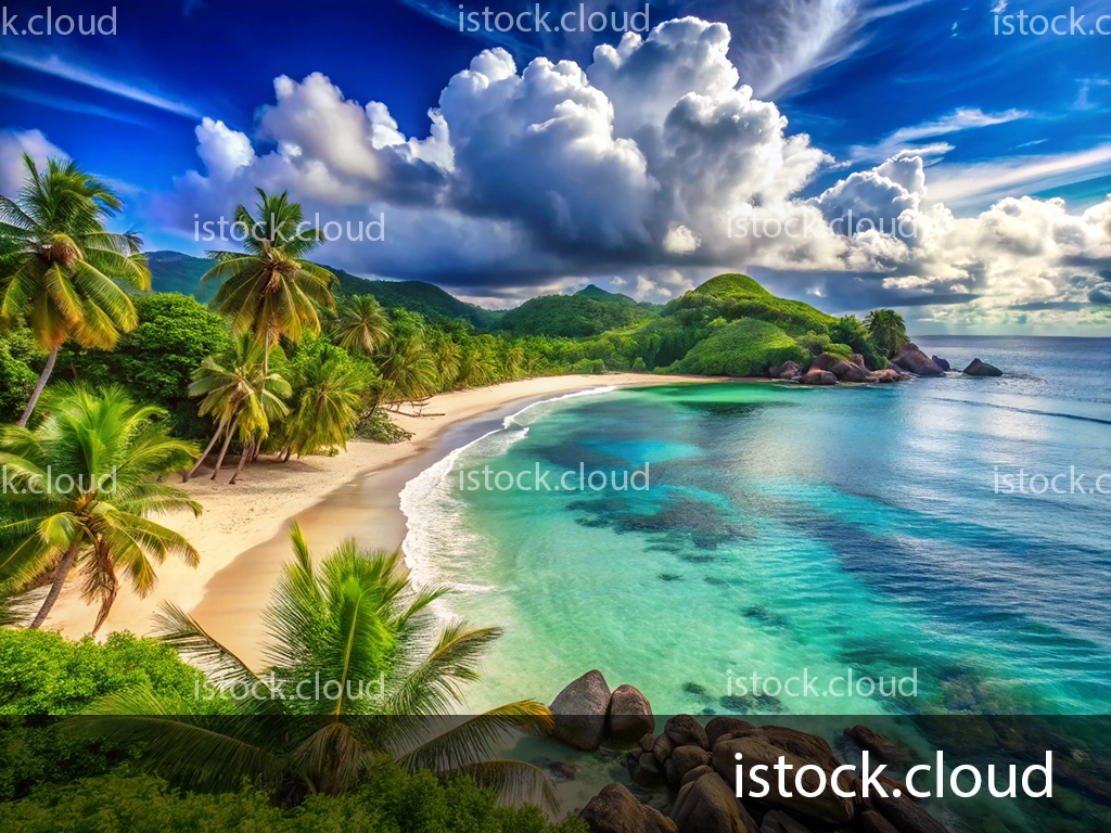 A stunning aerial view of a tropical beach featuring white sand, clear turquoise waters, and lush green palm trees. The shoreline curves gently, surrounded by rocky formations on the right. The sky is filled with vibrant blue hues and large fluffy clouds, creating a picturesque scene.