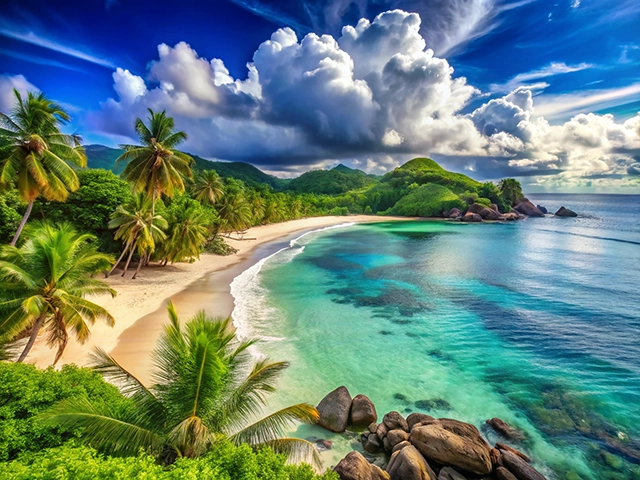 A stunning aerial view of a tropical beach featuring white sand, clear turquoise waters, and lush green palm trees. The shoreline curves gently, surrounded by rocky formations on the right. The sky is filled with vibrant blue hues and large fluffy clouds, creating a picturesque scene.
