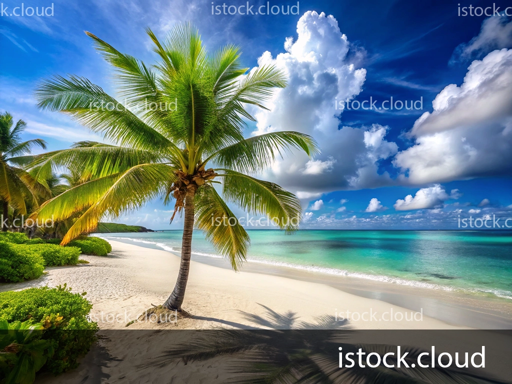 A picturesque beach featuring a palm tree, soft white sand, and a vibrant blue sky with fluffy clouds, creating a tranquil tropical atmosphere.