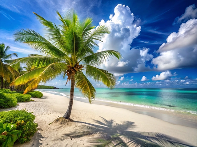 A picturesque beach featuring a palm tree, soft white sand, and a vibrant blue sky with fluffy clouds, creating a tranquil tropical atmosphere.