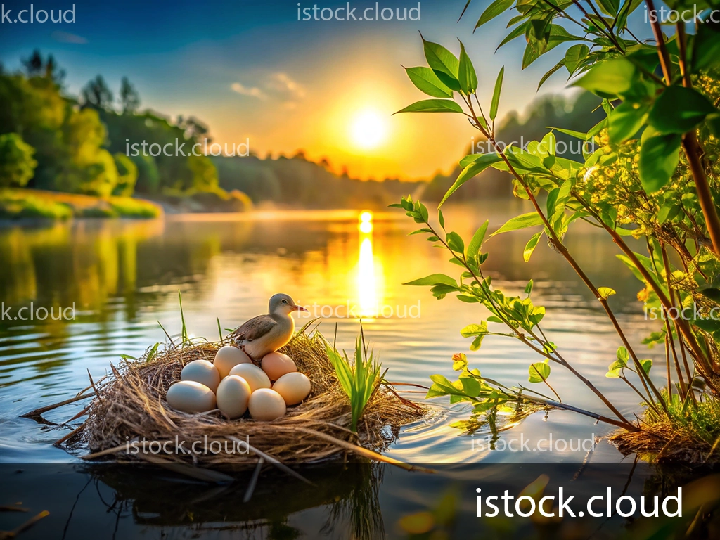A tranquil scene depicting a small duckling sitting on a nest of eggs by the water's edge at sunrise. The sun casts a golden hue over the landscape, reflecting on the calm lake surrounded by lush greenery.