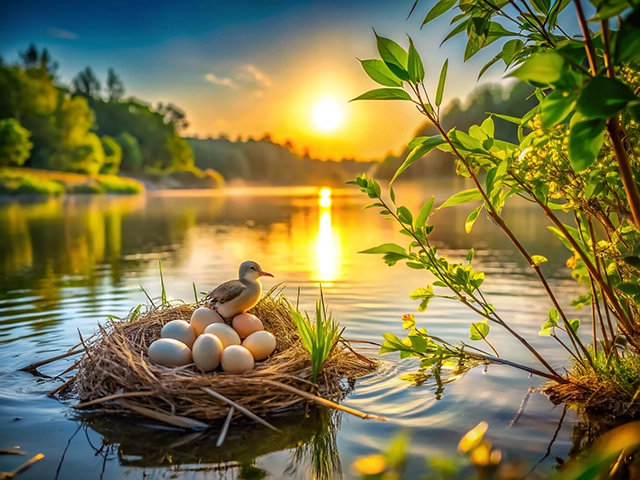 A tranquil scene depicting a small duckling sitting on a nest of eggs by the water's edge at sunrise. The sun casts a golden hue over the landscape, reflecting on the calm lake surrounded by lush greenery.