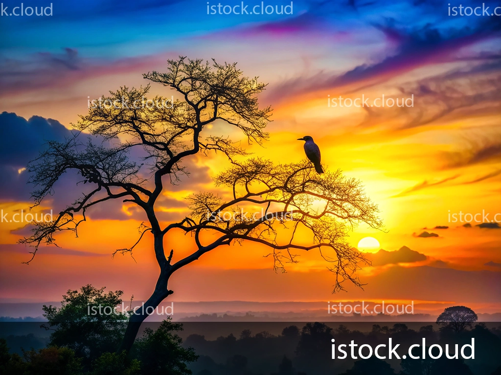 A silhouette of a bare tree with spreading branches, adorned by a bird, against a vibrant sunset. The sky displays shades of blue, purple, orange, and yellow, creating a breathtaking backdrop. The horizon is gently blurred, showcasing a tranquil landscape.