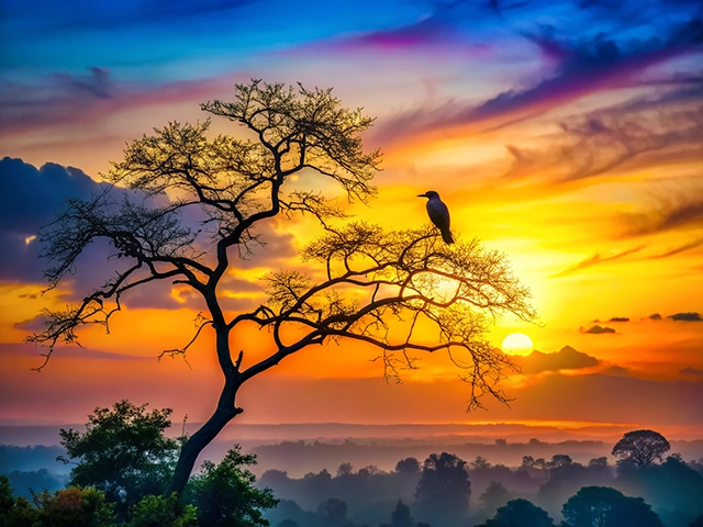 A silhouette of a bare tree with spreading branches, adorned by a bird, against a vibrant sunset. The sky displays shades of blue, purple, orange, and yellow, creating a breathtaking backdrop. The horizon is gently blurred, showcasing a tranquil landscape.