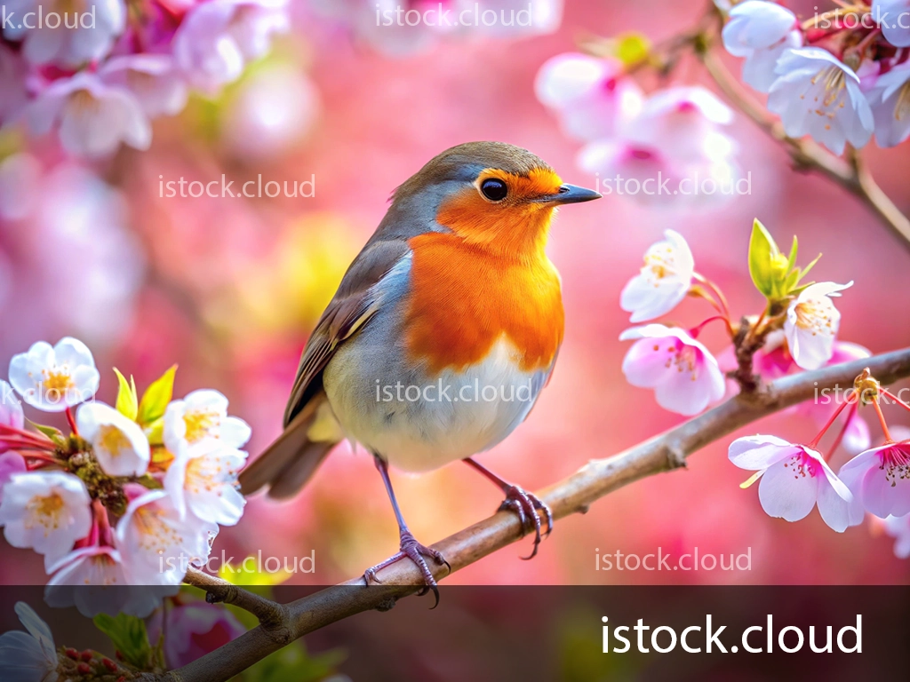 A colorful robin perched on a branch surrounded by pink and white cherry blossoms, creating a serene spring scene.