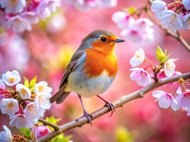 A colorful robin perched on a branch surrounded by pink and white cherry blossoms, creating a serene spring scene.