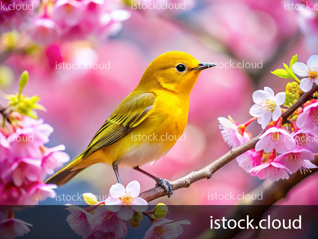 A bright yellow bird perched on a branch surrounded by delicate pink cherry blossom flowers, set against a soft, colorful background.