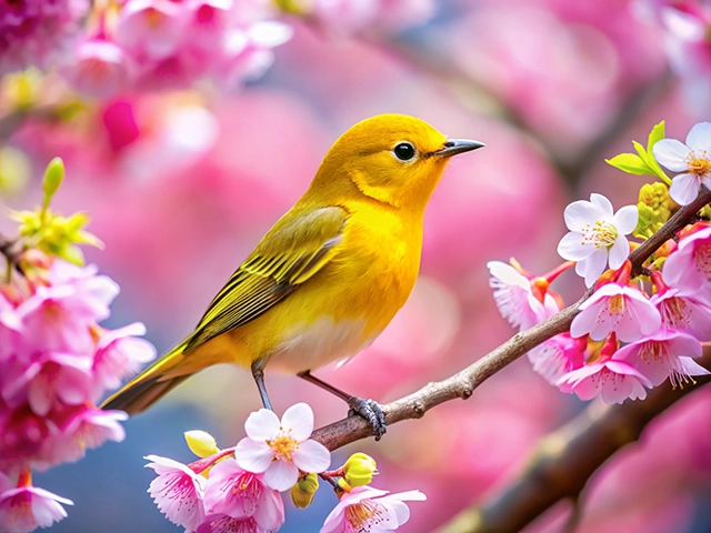 A bright yellow bird perched on a branch surrounded by delicate pink cherry blossom flowers, set against a soft, colorful background.