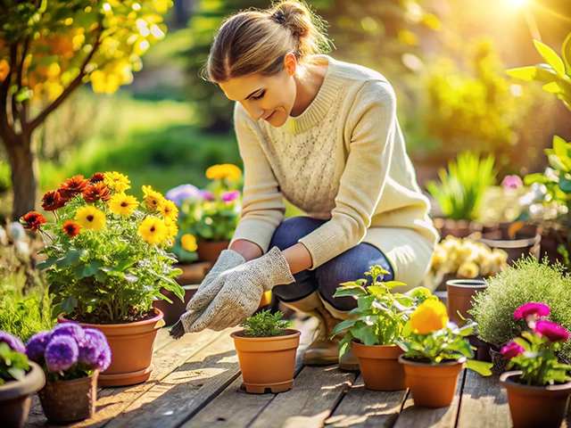 A woman in a cozy sweater kneels on a wooden deck, tending to potted plants filled with vibrant flowers. Sunlight filters through trees, creating a warm atmosphere as she carefully works with the soil.