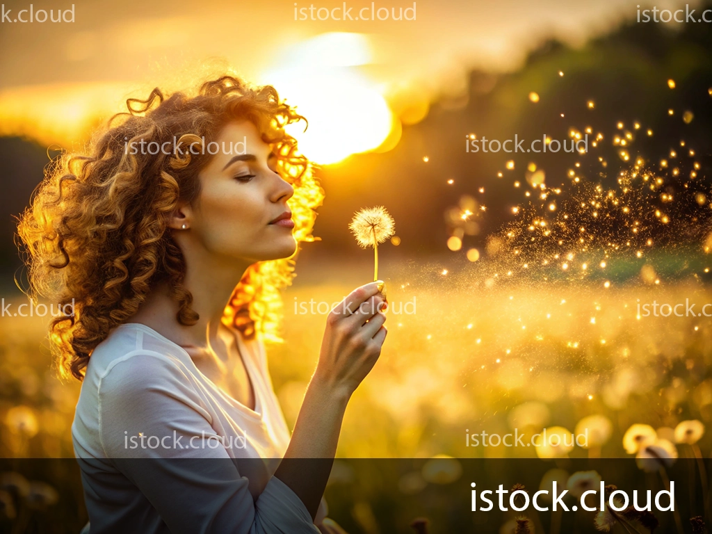 A woman with curly hair holds a dandelion puff in a sunlit field. She is gently blowing on it, sending seeds into the air as the setting sun casts a golden glow around her. The background is filled with dandelions and sparkling particles of light.