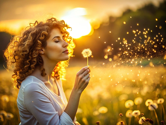 A woman with curly hair holds a dandelion puff in a sunlit field. She is gently blowing on it, sending seeds into the air as the setting sun casts a golden glow around her. The background is filled with dandelions and sparkling particles of light.