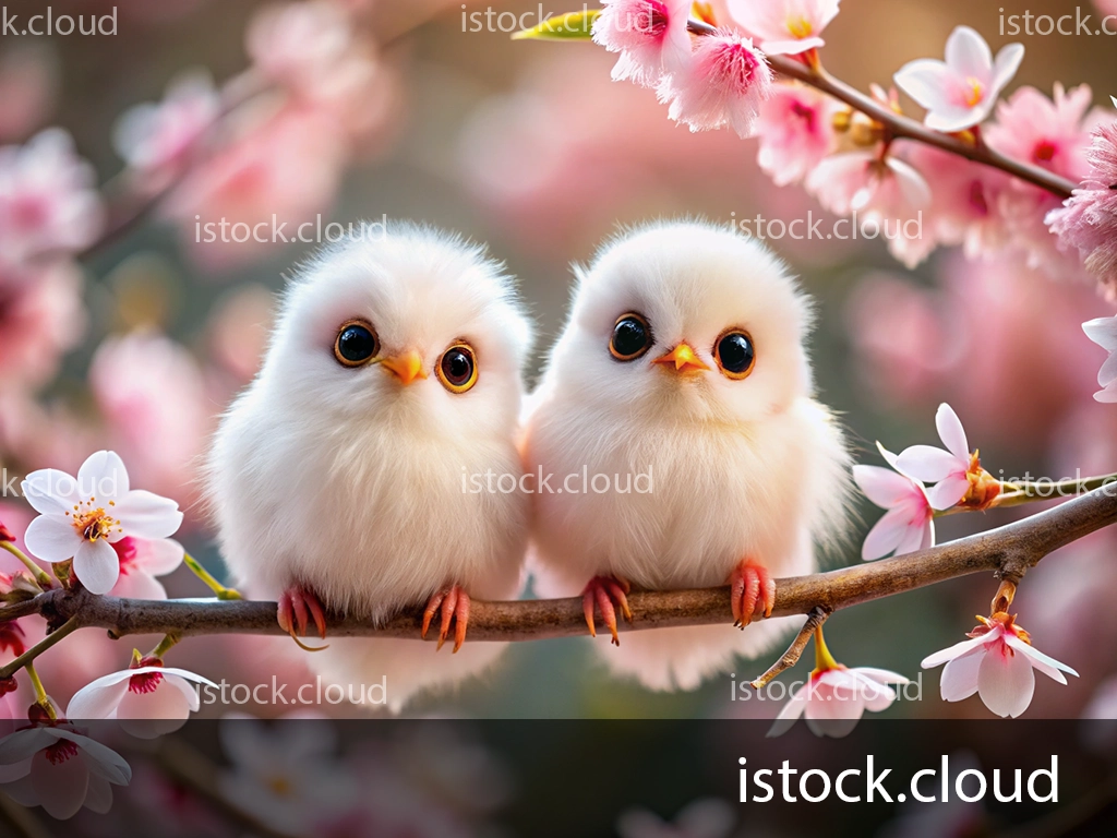 Two fluffy baby birds perched on a branch adorned with pink cherry blossoms, featuring large, expressive eyes and a soft white coat.