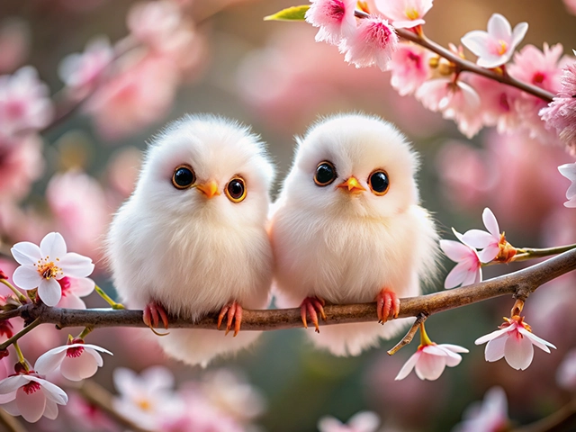 Two fluffy baby birds perched on a branch adorned with pink cherry blossoms, featuring large, expressive eyes and a soft white coat.