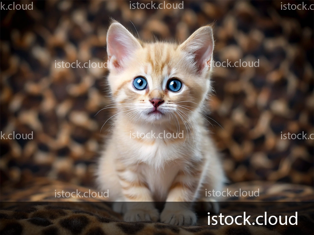 A fluffy orange kitten with striking blue eyes sits on a leopard print background, looking curiously at the camera.