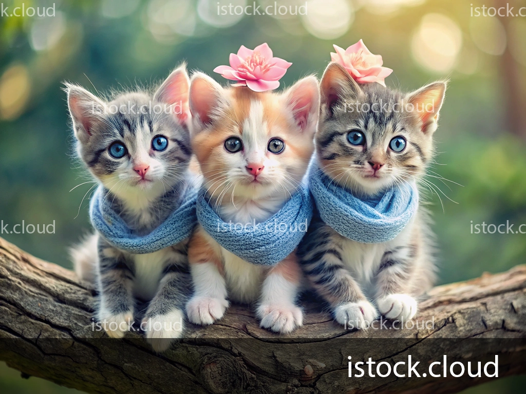 Three cute kittens wearing blue scarves and floral accessories posing together on a tree branch in a vibrant outdoor setting.