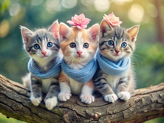 Three cute kittens wearing blue scarves and floral accessories posing together on a tree branch in a vibrant outdoor setting.