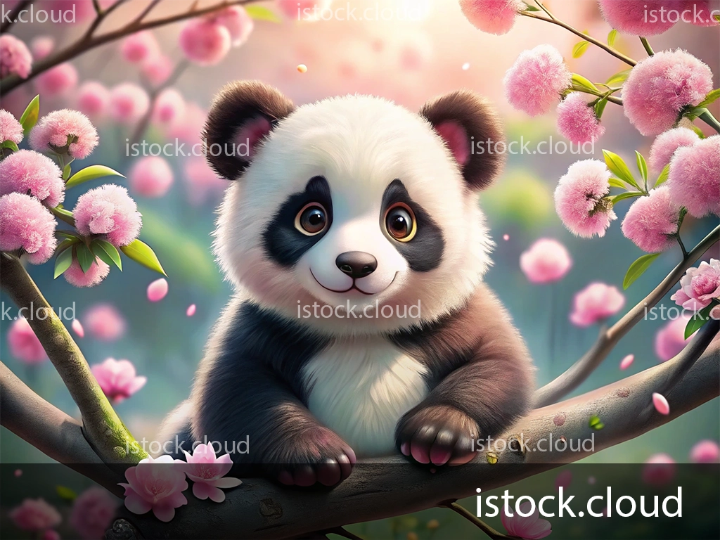 A cute cartoon panda sitting on a branch surrounded by pink blossom flowers, with a soft, colorful background.