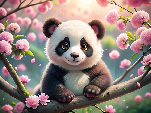 A cute cartoon panda sitting on a branch surrounded by pink blossom flowers, with a soft, colorful background.
