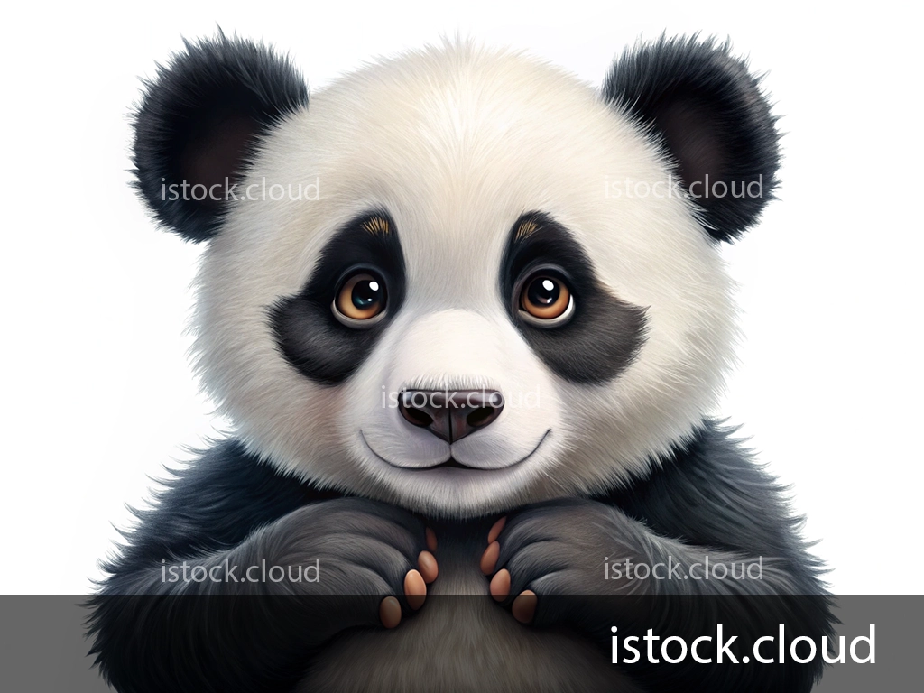 A cute baby panda with big brown eyes, black and white fur, and small, rounded ears, smiling and holding its paws together. The background is plain white.
