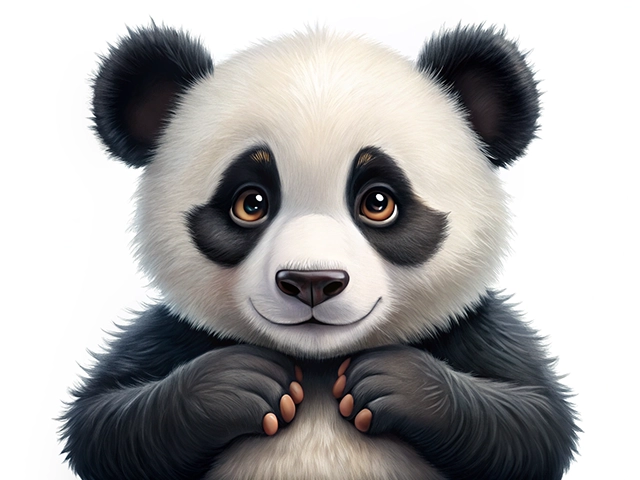 A cute baby panda with big brown eyes, black and white fur, and small, rounded ears, smiling and holding its paws together. The background is plain white.
