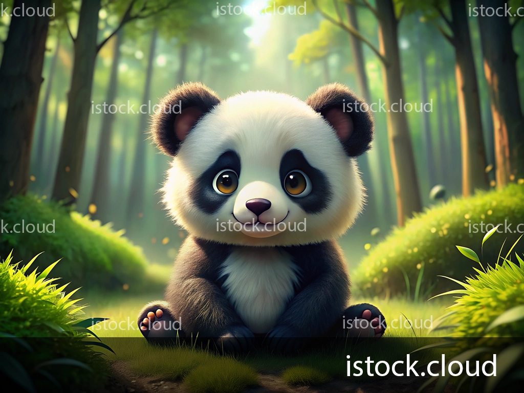 A cute, cartoon-style panda sitting on the grass in a vibrant forest, surrounded by tall trees and green foliage.
