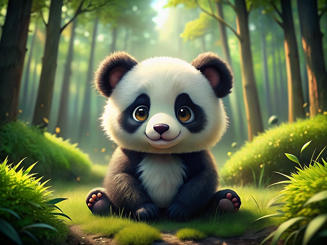 A cute, cartoon-style panda sitting on the grass in a vibrant forest, surrounded by tall trees and green foliage.
