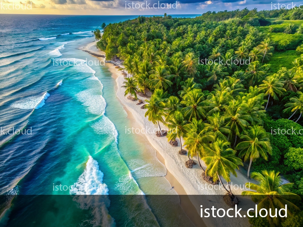 Aerial view of a pristine beach with turquoise waves lapping at the shore. Lush green palm trees line the sandy beach, creating a picturesque tropical landscape under a blue sky.