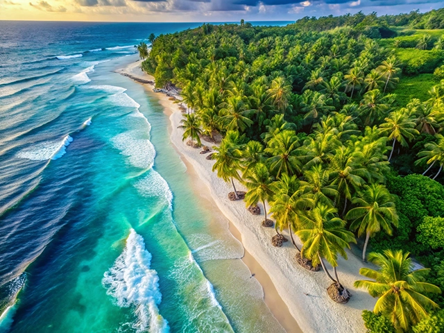 Aerial view of a pristine beach with turquoise waves lapping at the shore. Lush green palm trees line the sandy beach, creating a picturesque tropical landscape under a blue sky.